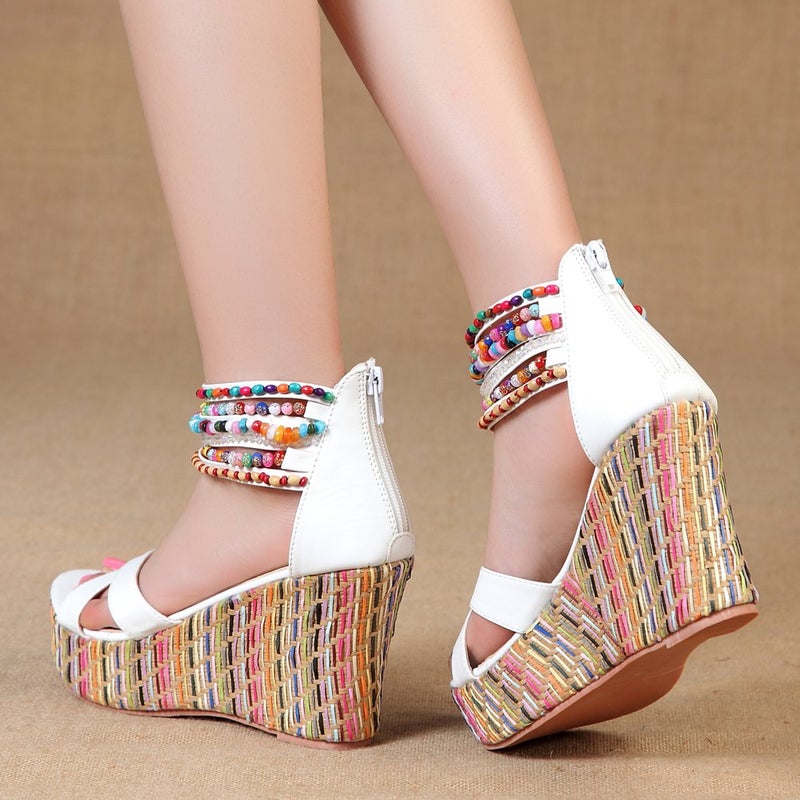 getmorebeauty Women's Wedge Sandals Pearls Across The Top Platform High Heels (7.5 US, White Belt) - Image 3